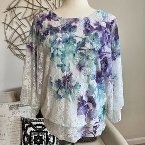 Womens Top Large Floral Lace Kimono Sleeve Fairy Boho Romantic Cottage Feminine